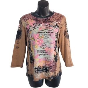 Jamee J Women's Brown Pink Embellished 3/4 Sleeves Top Blouse Size M